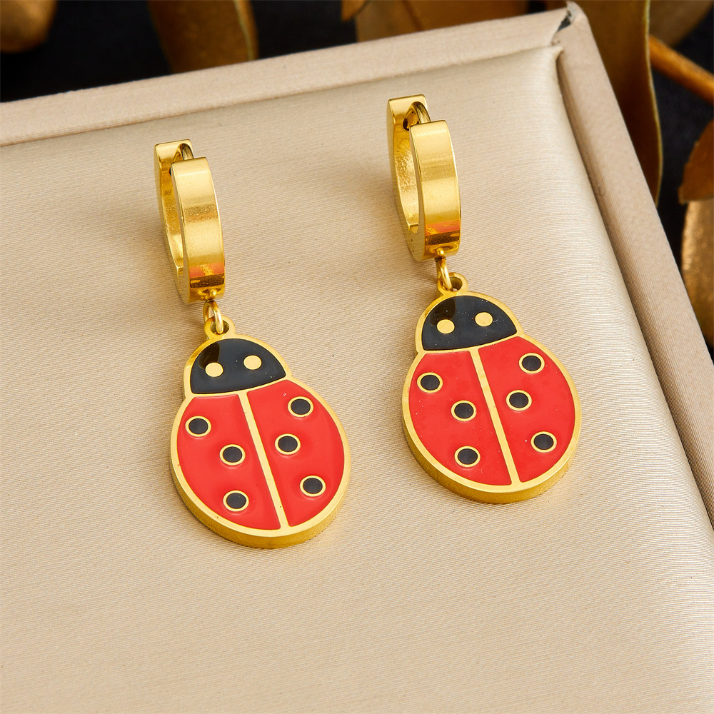 Korean Style Fashionable Creative Cartoon Multi-Element Accessories Insect Dripping Flowers Dragonfly Ladybug Stainless Steel Jewelry Set