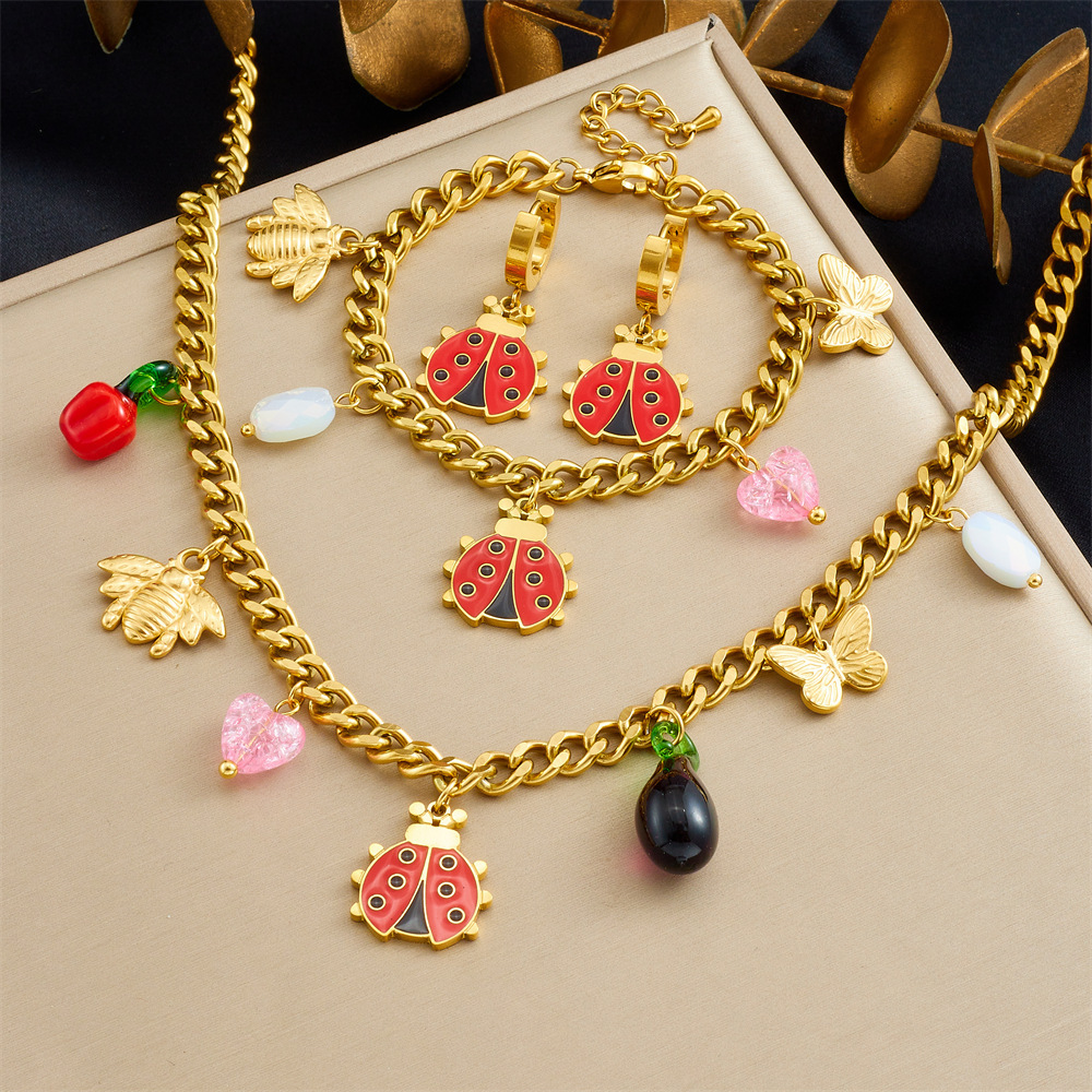 Fashionable new cross-border cute cartoon ladybug bee butterfly lantern chili pendant stainless steel set
