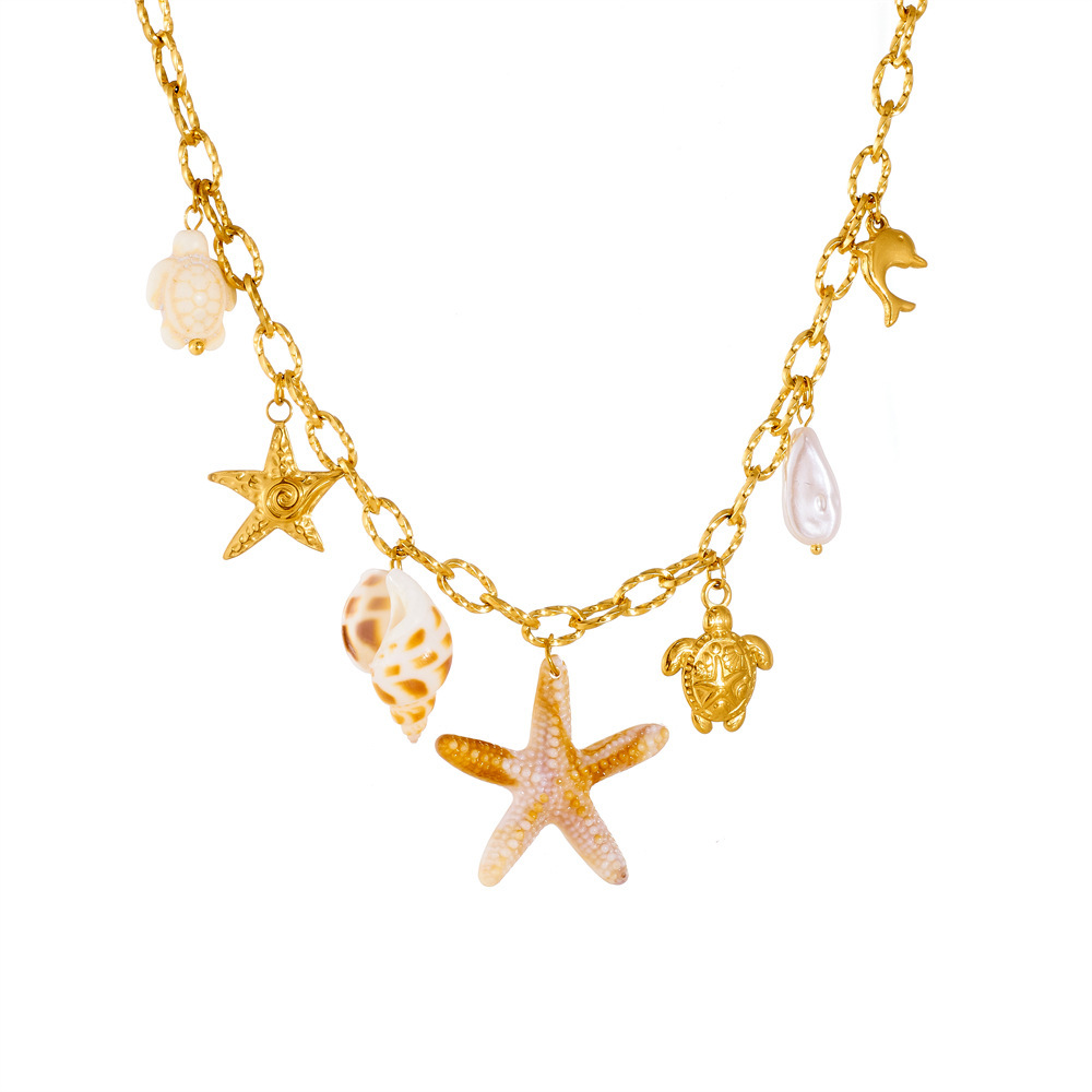 Cross-border Fashion Ocean Series Beach Vacation Starfish, Conch, Turtle Gold-plated Pendant Chain Stainless Steel Necklace