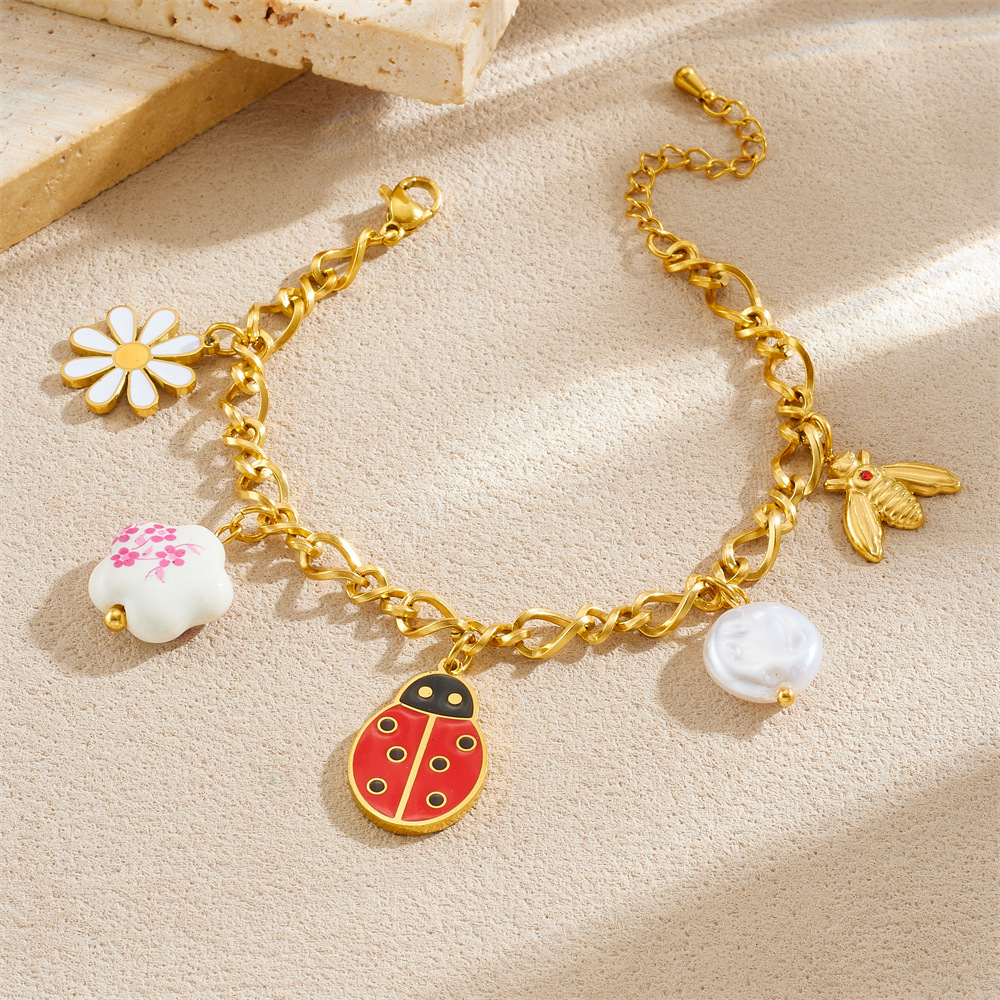 Korean Style Fashionable Creative Cartoon Multi-Element Accessories Insect Dripping Flowers Dragonfly Ladybug Stainless Steel Jewelry Set