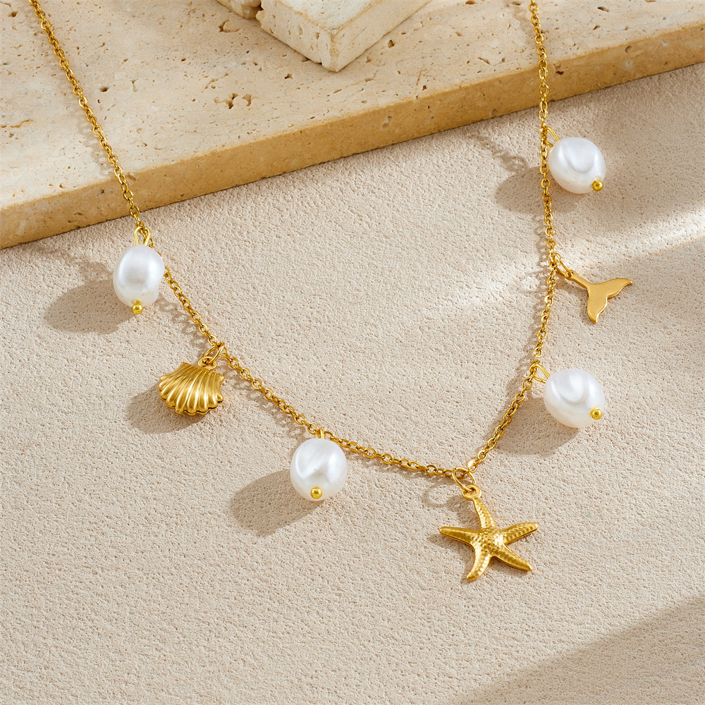 Fashionable, cross-border, simple, versatile, irregular pearl pendant, gold-plated starfish tail shell pendant, stainless steel necklace.