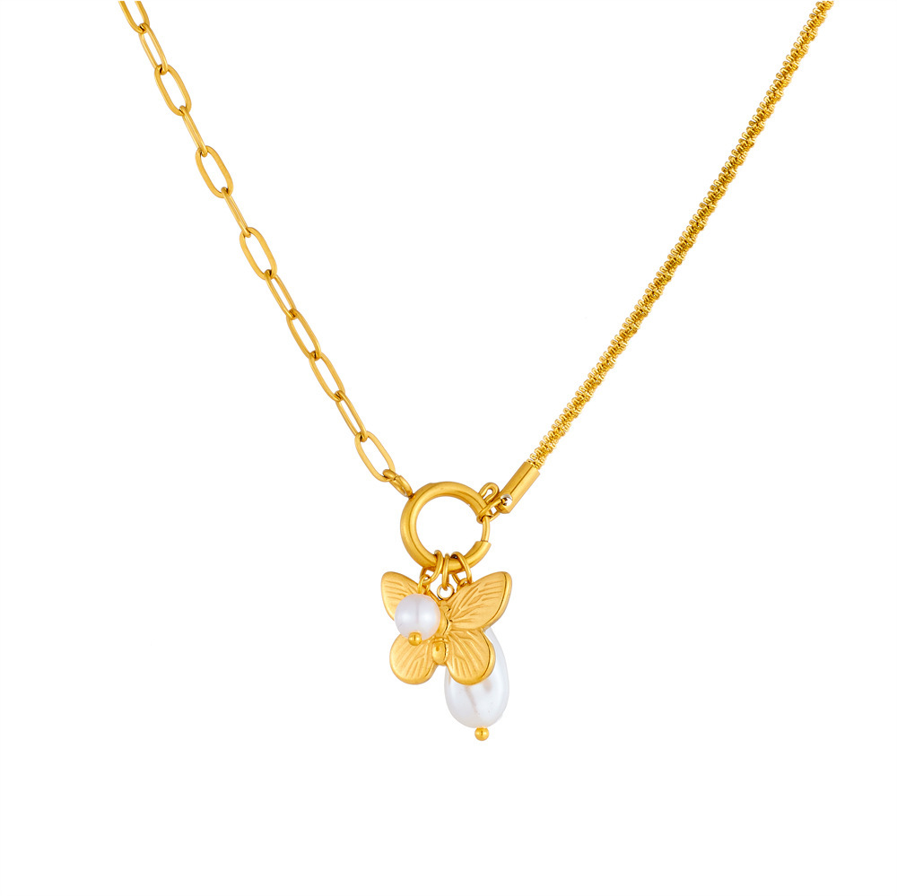Cross-border fashion minimalist creative pearl teardrop butterfly pendant stainless steel asymmetrical chain women's necklace