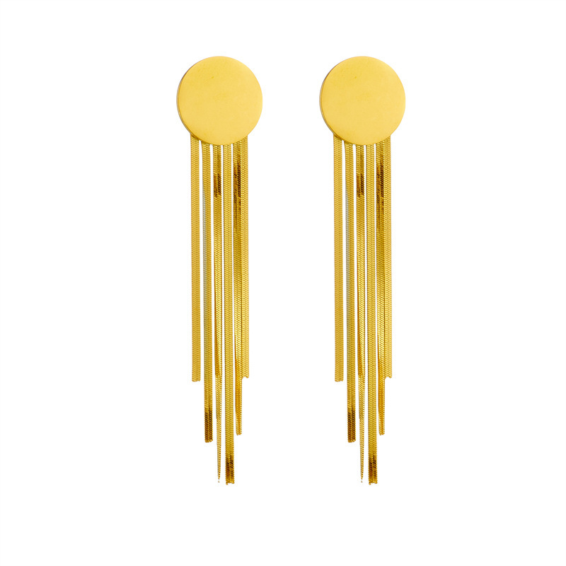 European and American style minimalist titanium steel metal round tassel earrings with irregular shape, high-end and fashionable design.