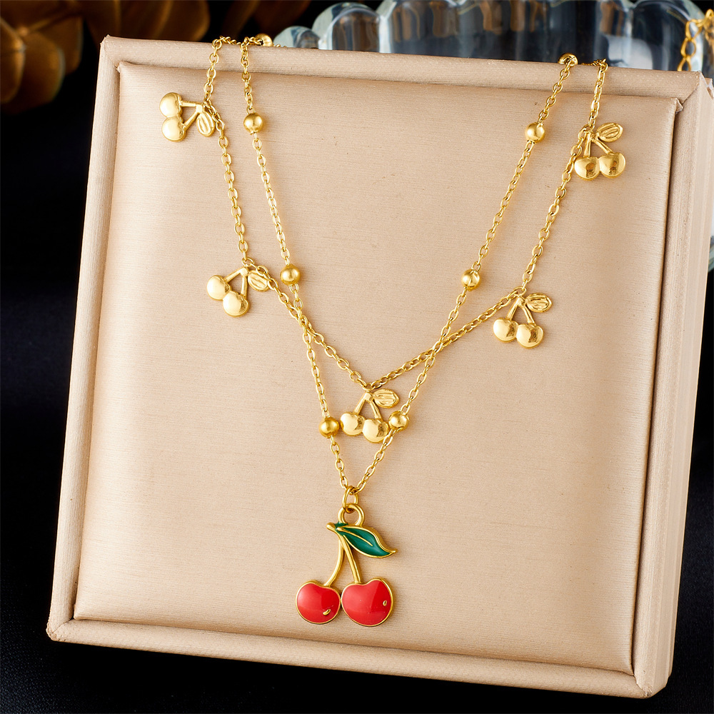 Cross-border fashion layered double chain red drip cherry fruit pendant stainless steel clavicle necklace