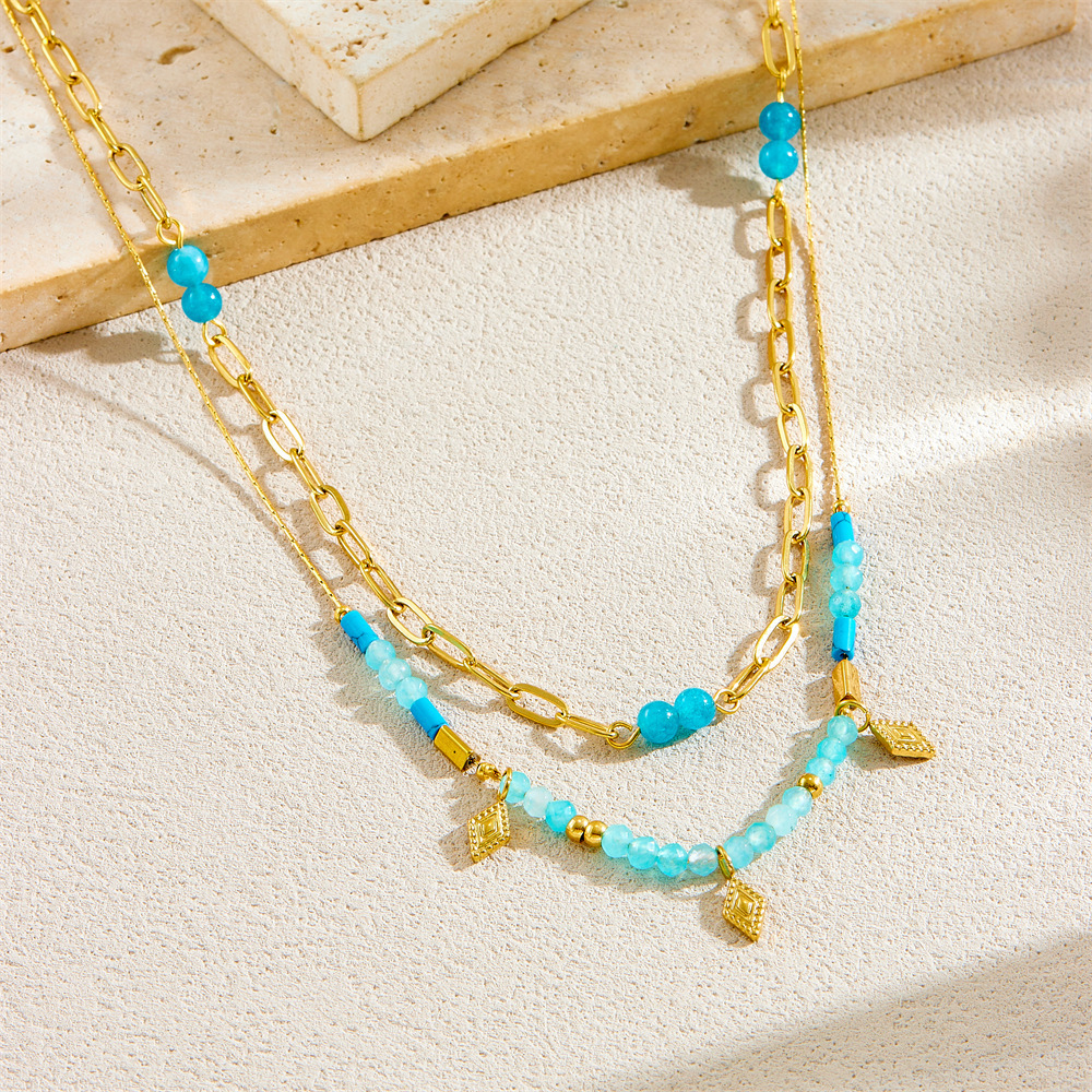 Fashionable, cross-border retro South Asian style blue beaded stacked chain diamond-shaped accessories stainless steel O-shaped necklace