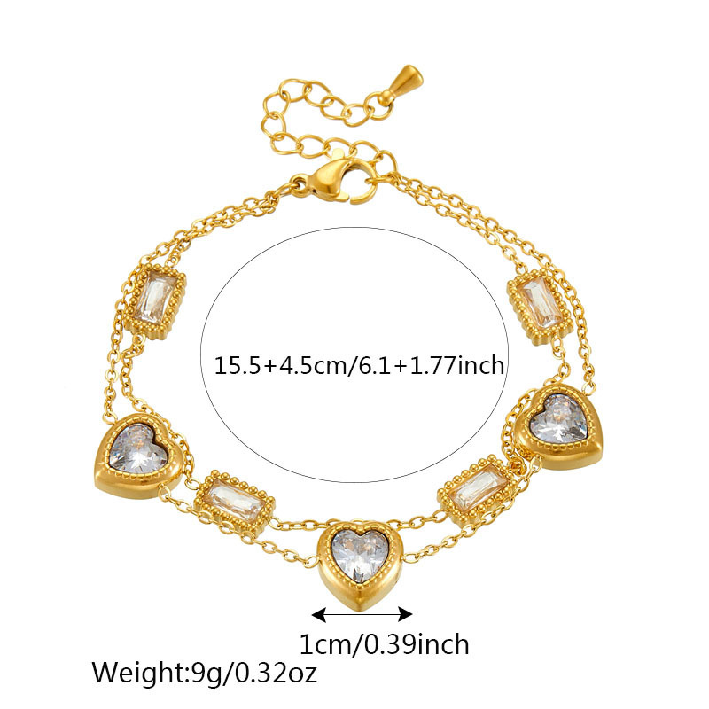European and American style minimalist niche rhinestone-encrusted square heart double-layered stainless steel chain jewelry bracelet