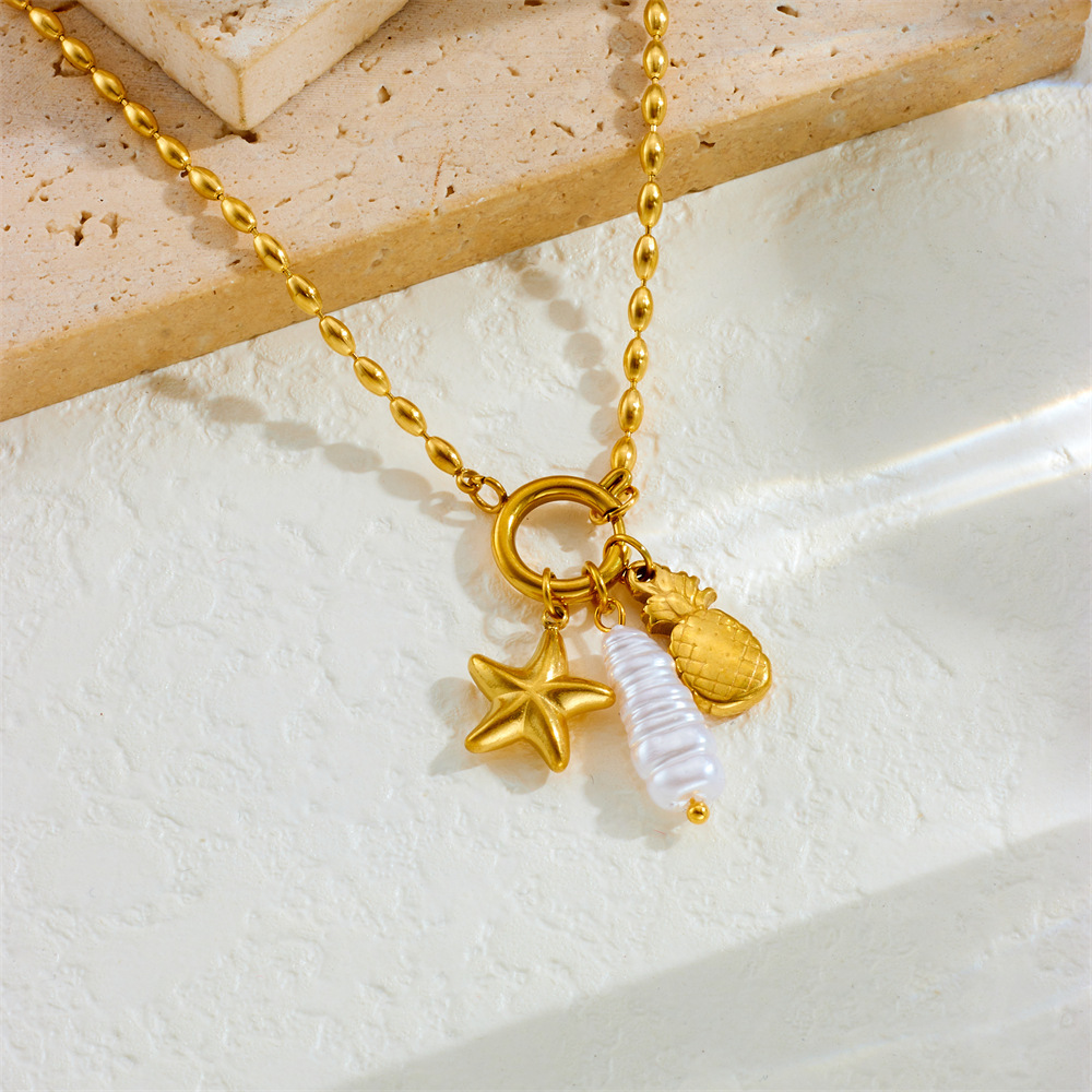 Cross-border fashion creative personalized round buckle gold-plated starfish pineapple fruit pendant stainless steel bead chain necklace