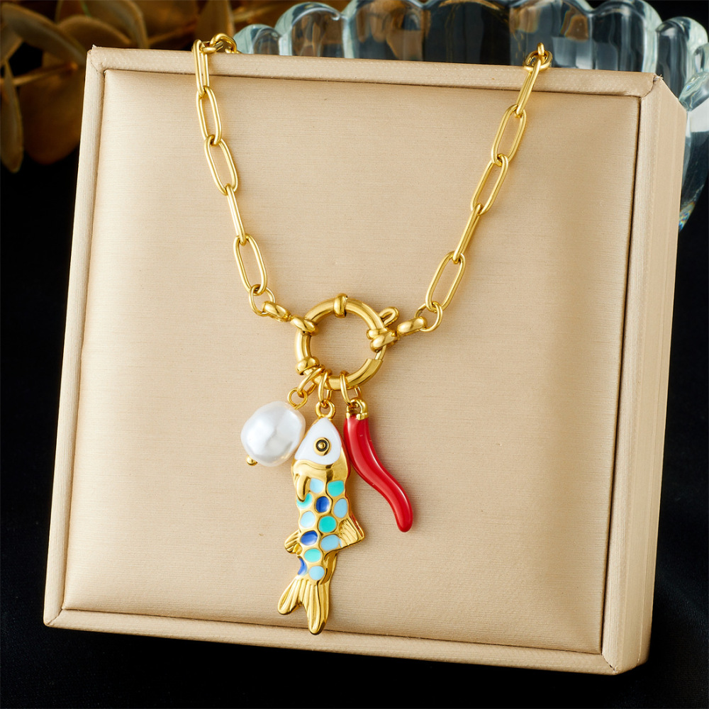 Niche Fashion Ocean Cartoon Colorful Oil-Drip Fish Pendant, Faux Pearl Chili Pepper Pendant, Round Spring Clasp Necklace