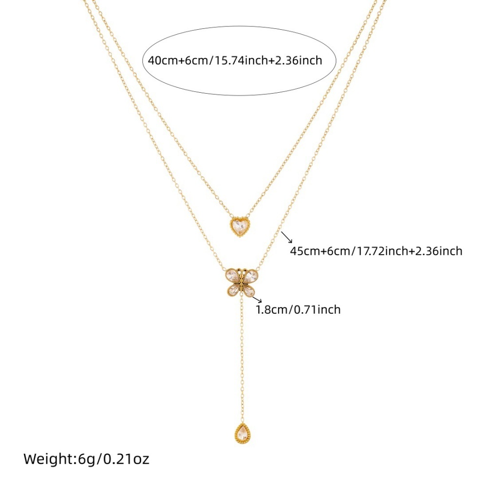 Korean style, fashionable, simple, versatile, diamond-encrusted heart-shaped butterfly pendant, stackable stainless steel gold-plated jewelry necklace
