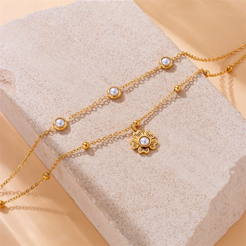 European and American style retro-style pearl flower pendant double-layer chain gold-plated stainless steel anklet