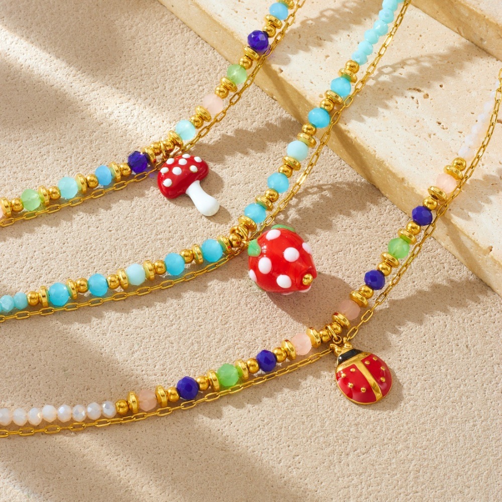 European and American cross-border colored plastic faceted beaded chain, rope chain, dripping oil, three-dimensional mushroom, strawberry, ladybug pendant bracelet