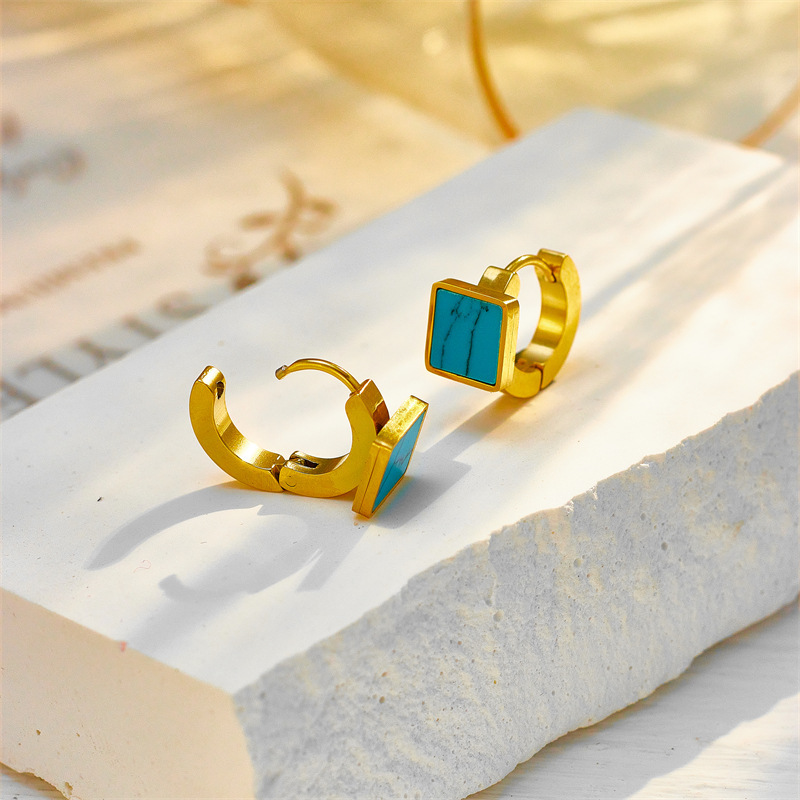 European and American fashion cross-border niche retro minimalist high-end versatile square geometric turquoise titanium steel earrings