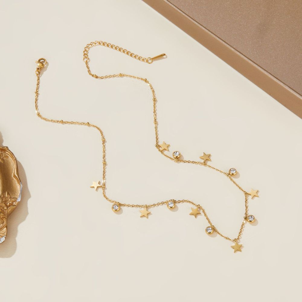 Stylish and simple diamond-encrusted five-pointed star butterfly pendant stainless steel necklace, versatile for women.