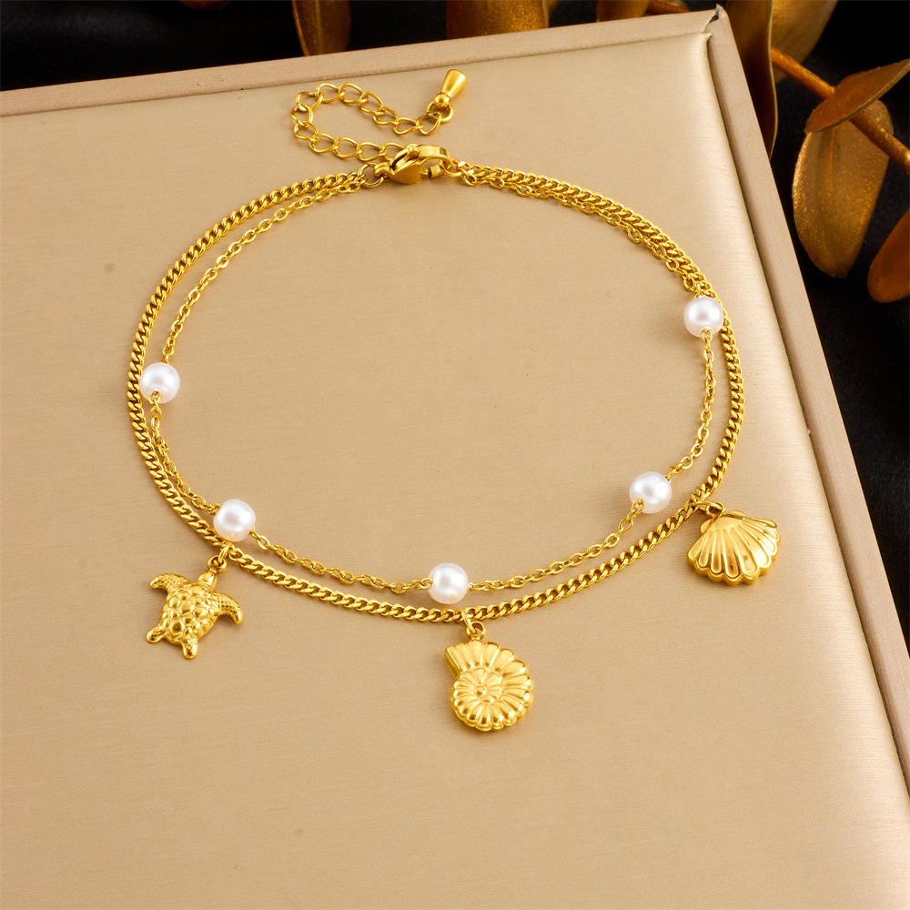 Stylish and simple colorful shimmering seashell and butterfly double-layered beach style stainless steel chain pearl starfish anklet