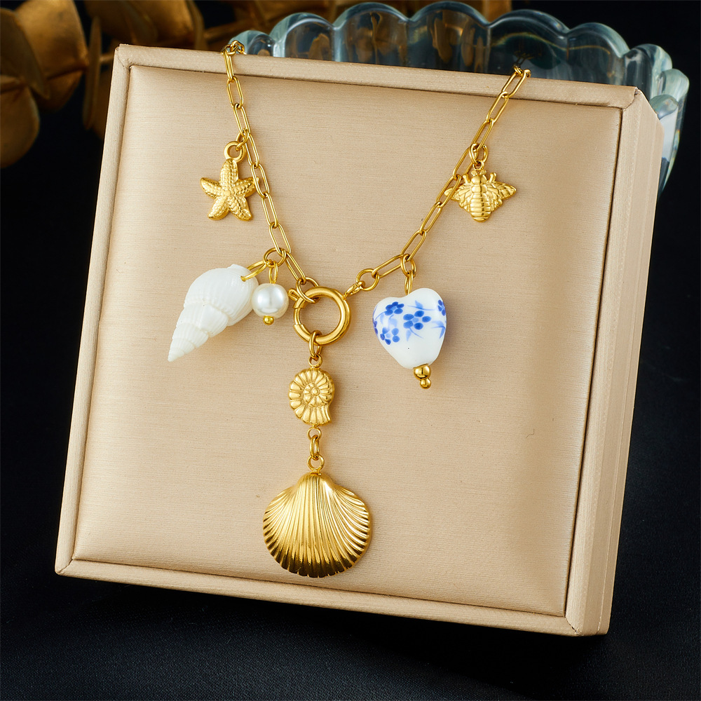New cross-border ocean series summer vacation fan, seashell, starfish, painted print heart pendant necklace