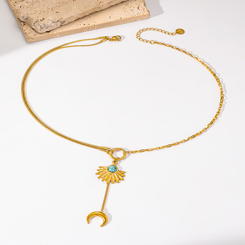 European and American cross-border fashion retro long tassel moon pendant stainless steel fan-shaped turquoise accessory chain necklace for women