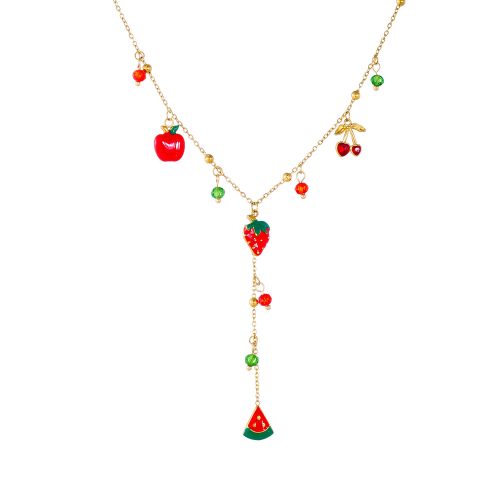 European and American fashion niche design pastoral style fruit series oil drip simulated strawberry watermelon pendant stainless steel necklace