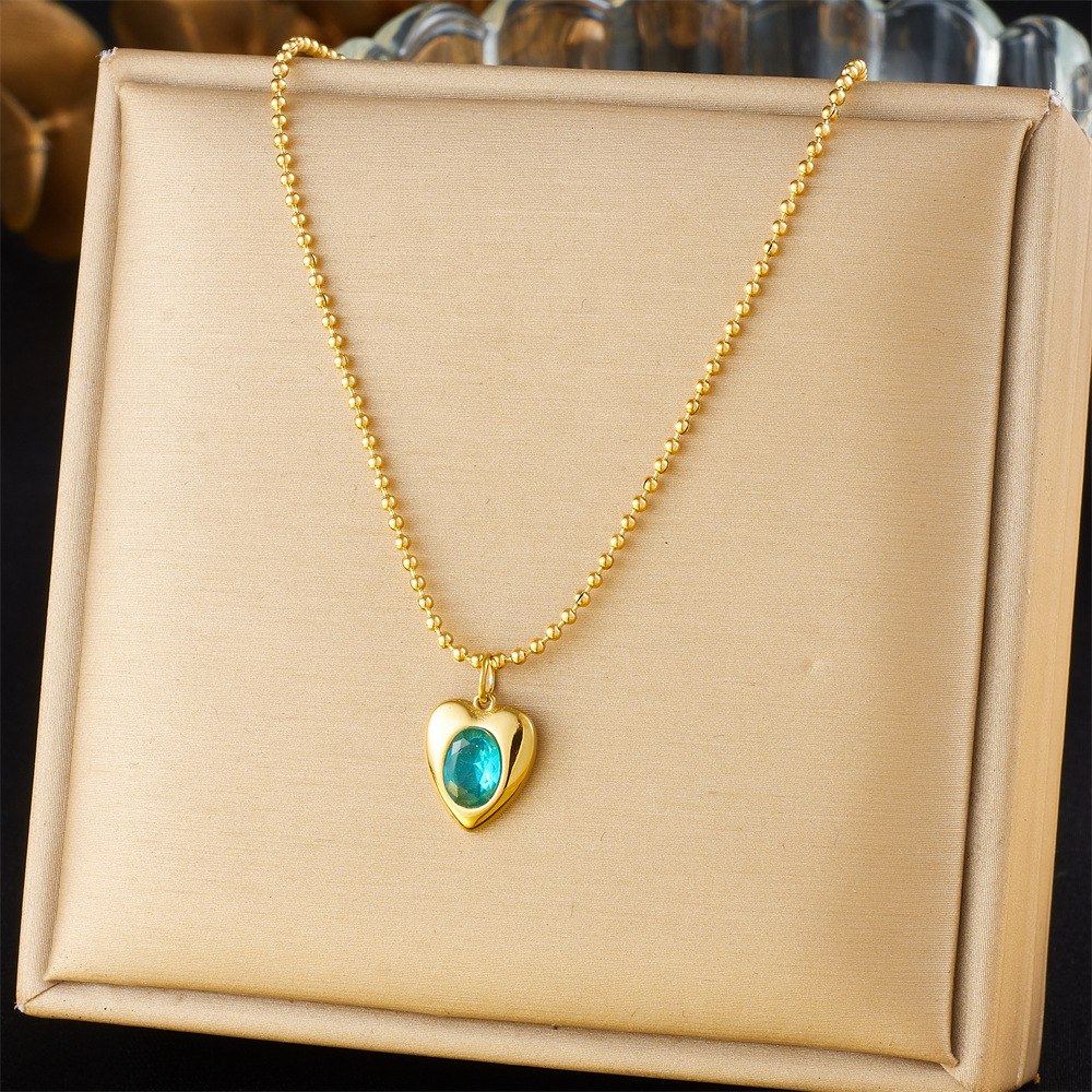 Korean style, fashionable, simple, versatile oval geometric rhinestone glass heart stainless steel bead chain clavicle necklace