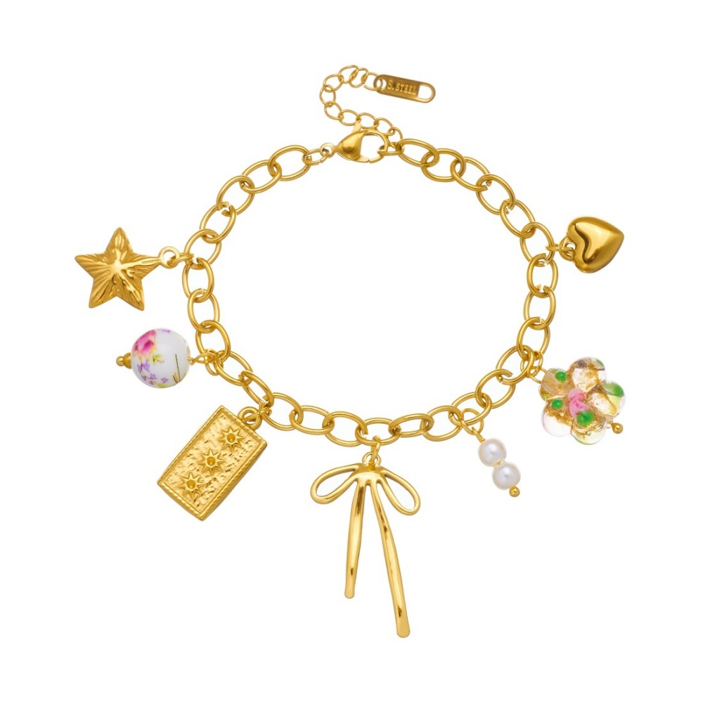 Niche fashion, fresh and rustic style, multi-pendant gold-plated chain, bow, star, ceramic beaded pendant bracelet