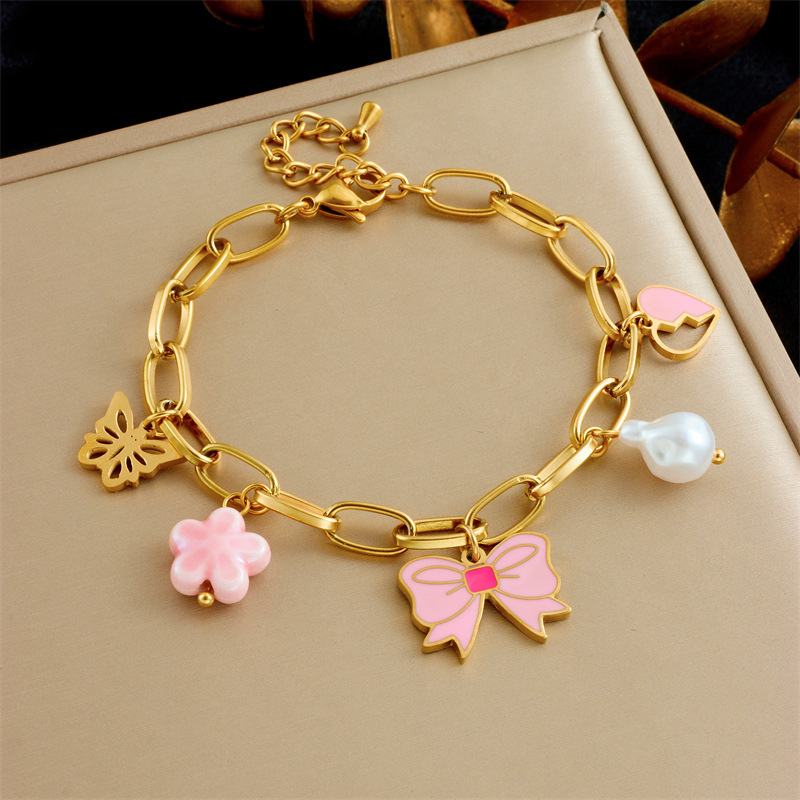 Korean style fashionable sweet and cute oil-pink bow flower cherry butterfly accessory stainless steel jewelry set
