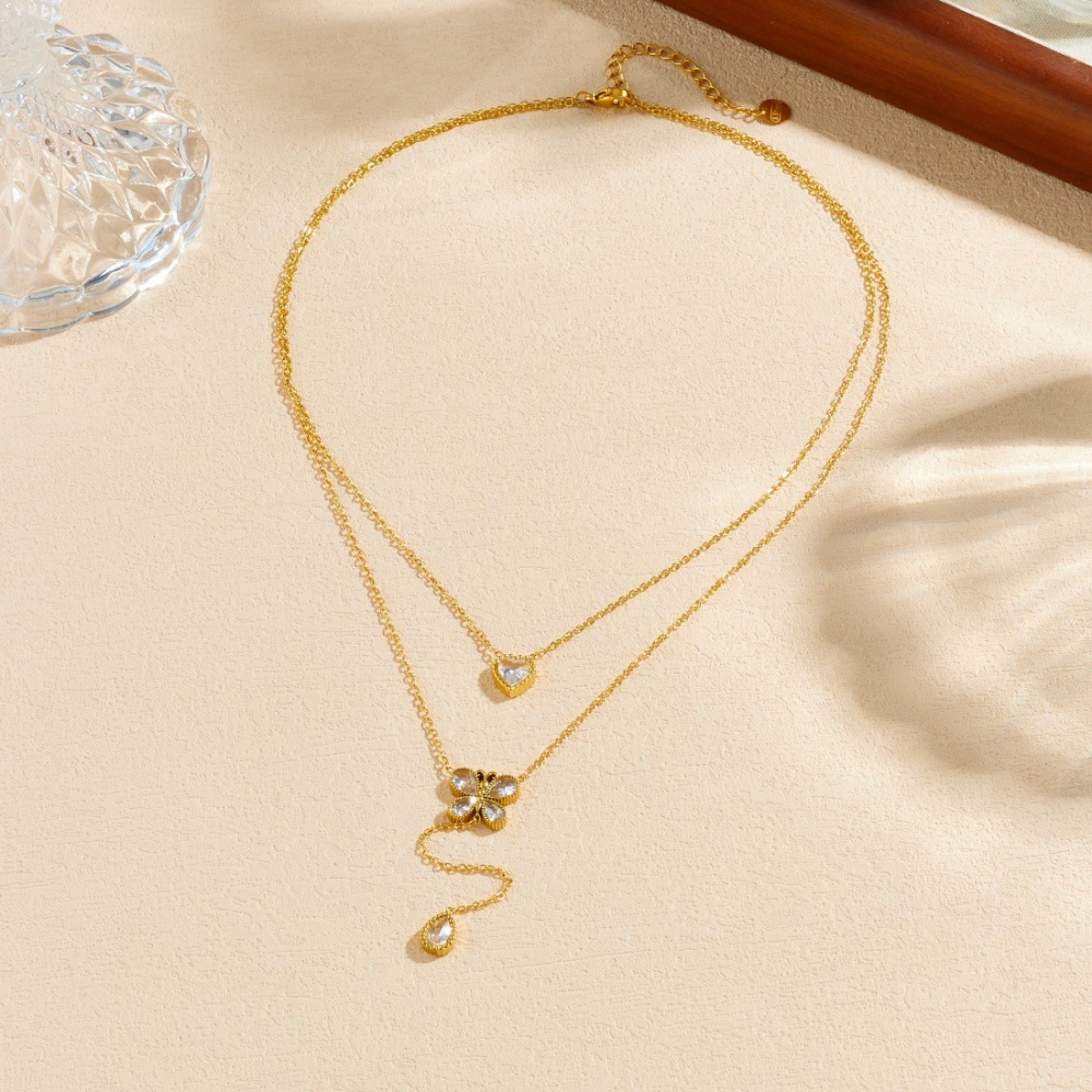 Korean style, fashionable, simple, versatile, diamond-encrusted heart-shaped butterfly pendant, stackable stainless steel gold-plated jewelry necklace