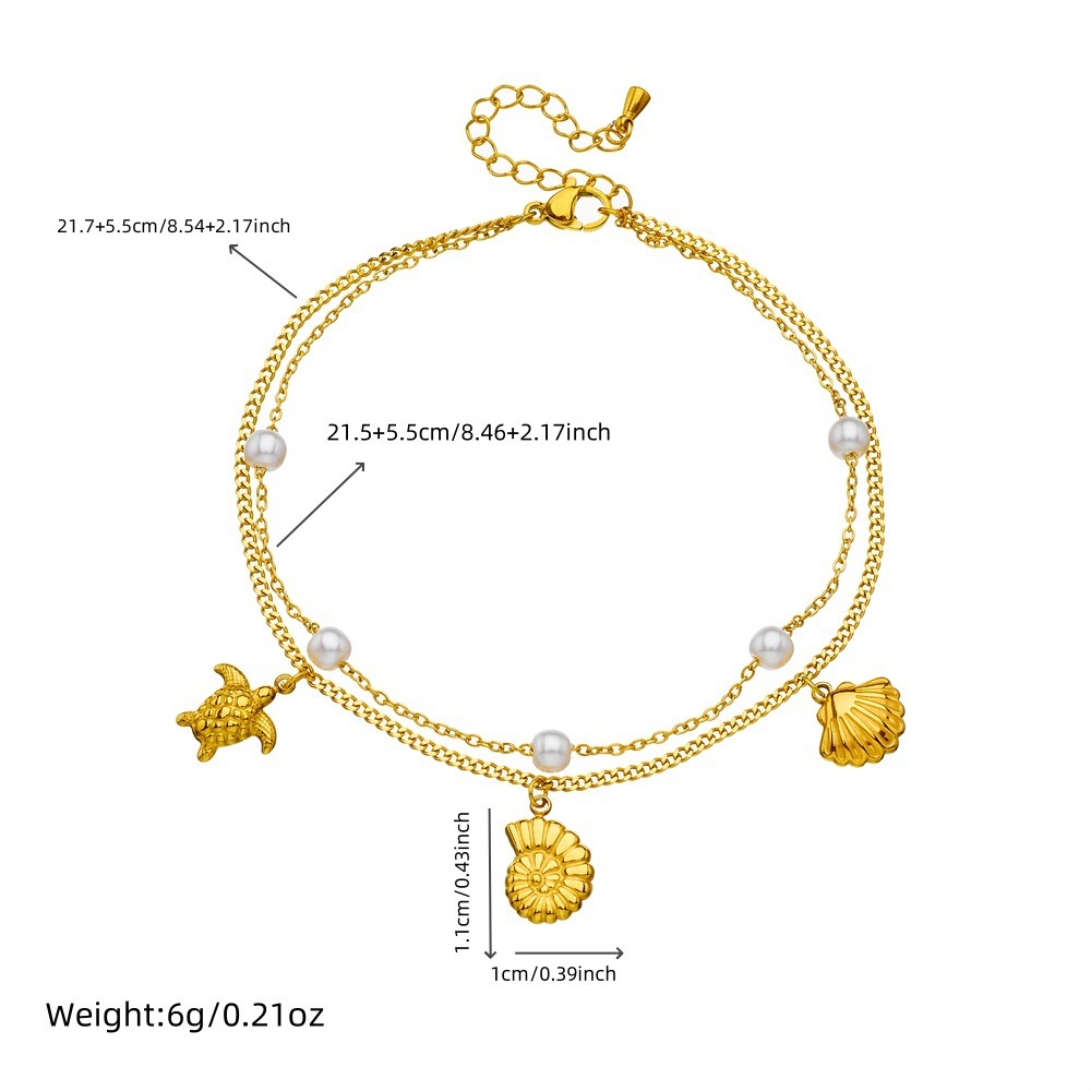 Stylish and simple colorful shimmering seashell and butterfly double-layered beach style stainless steel chain pearl starfish anklet