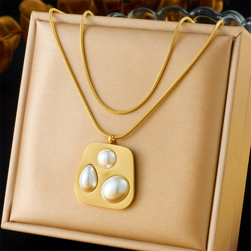 European and American style retro minimalist pearl irregular geometric pendant stainless steel gold-plated three-piece set