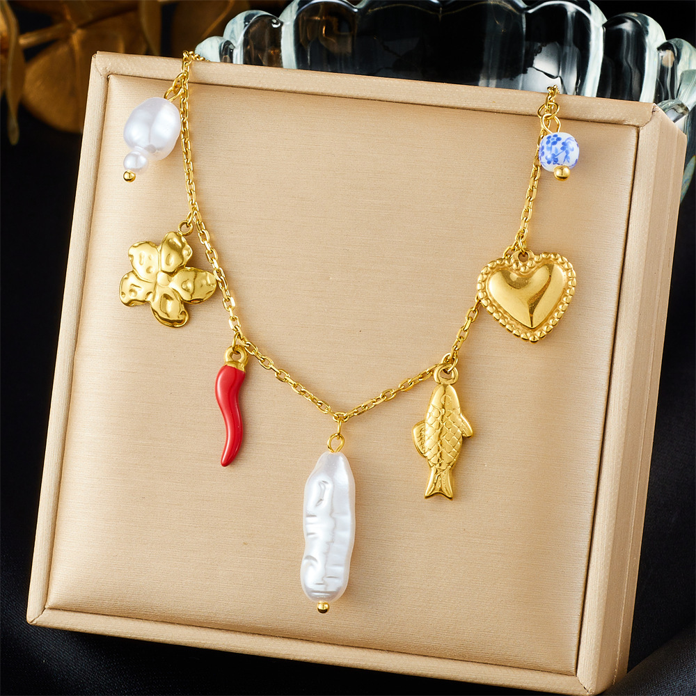 Korean style fashion multi-element accessory irregular pearl long bar gold-plated heart flower fish pendant chain necklace