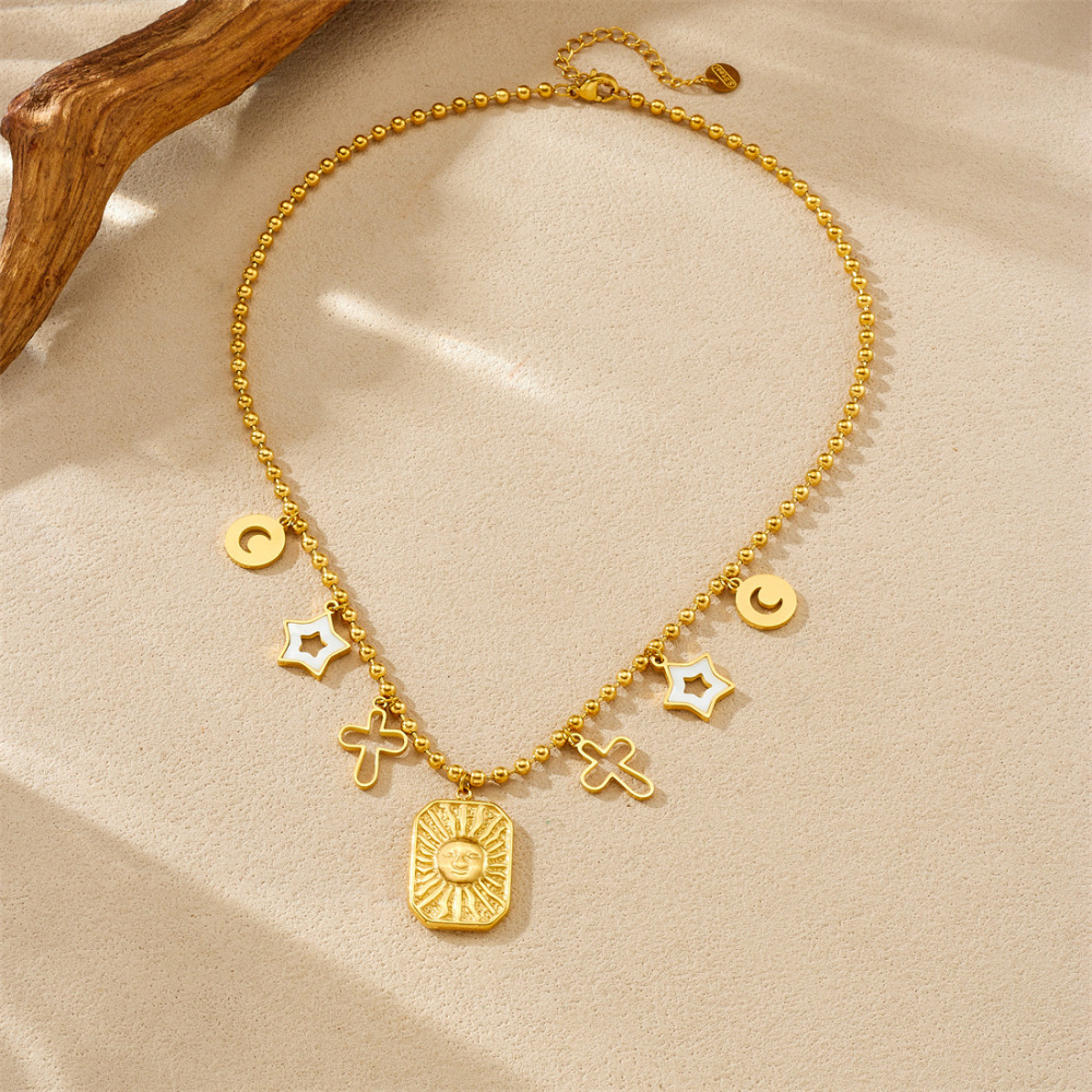 Fashionable, luxurious, retro-style gold-plated pendant with embossed sun, hollowed-out stars, moon, and cross design, beaded necklace.