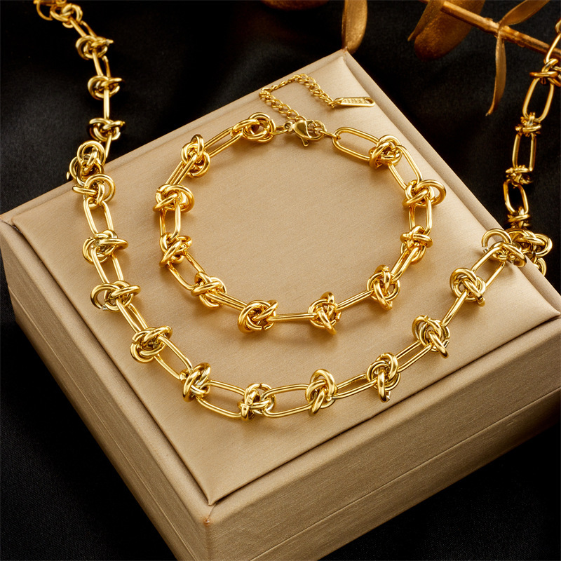 European and American style gold-plated titanium steel bracelet necklace heavy metal trendy hip-hop punk wicker chain jewelry set