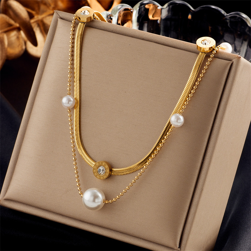 Cross-border fashion minimalist design retro stainless steel multi-layer chain cross heart pearl pendant necklace for women
