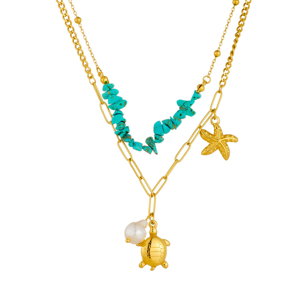 Fashionable and trendy double-layered stainless steel chain necklace featuring a turtle, starfish, blue pebble, and pearl design.
