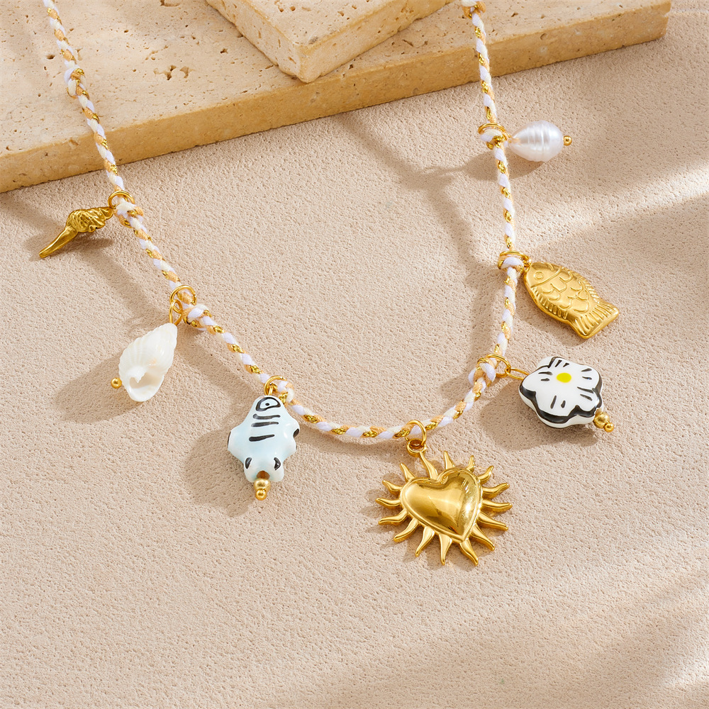 New cross-border fashion cute cartoon ceramic painted flower fish colorful hemp rope woven chain heart necklace