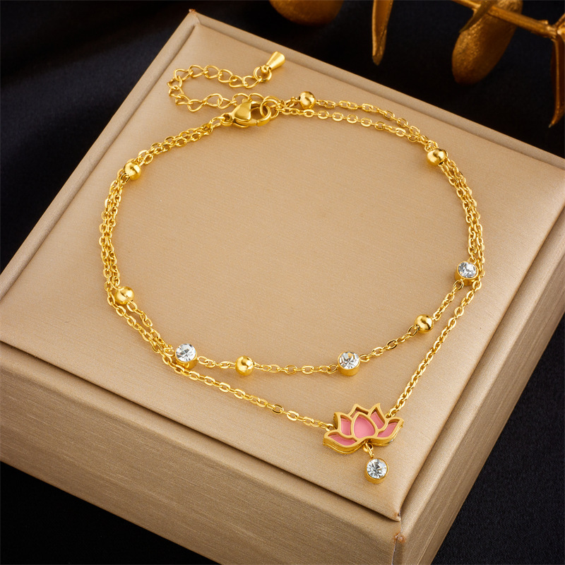 European and American style high-end versatile beach style layered chain metal diamond lotus pendant titanium steel anklet