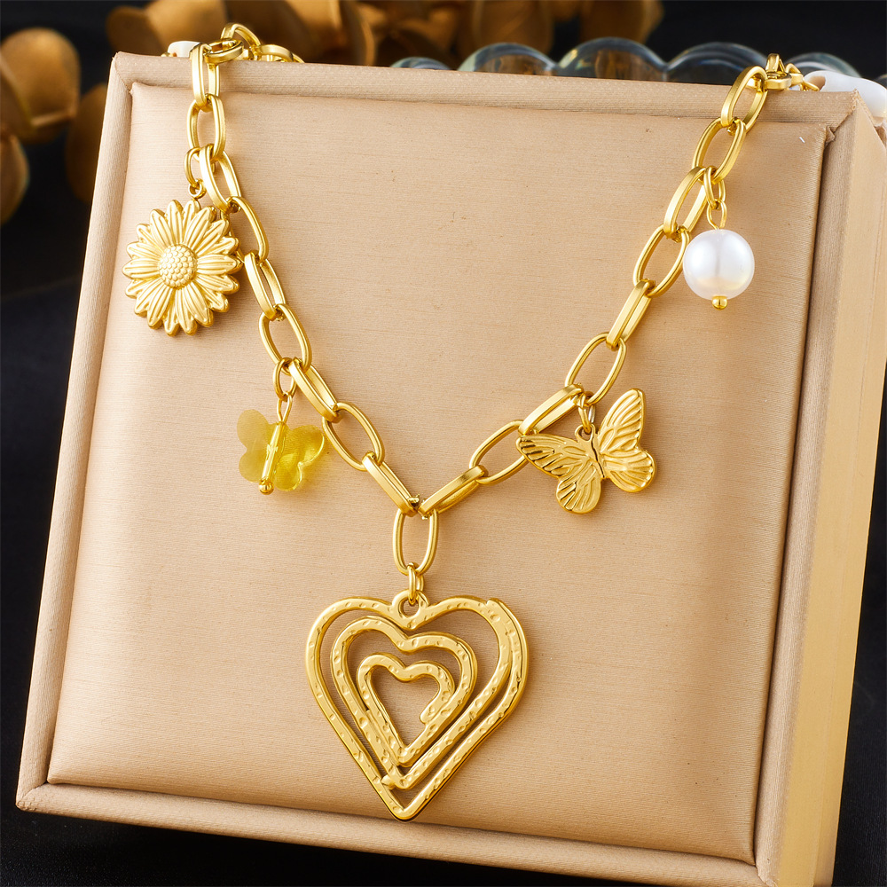 Cross-border fashion spiral oval heart-shaped pendant sweater chain crystal butterfly flower multi-element accessory necklace