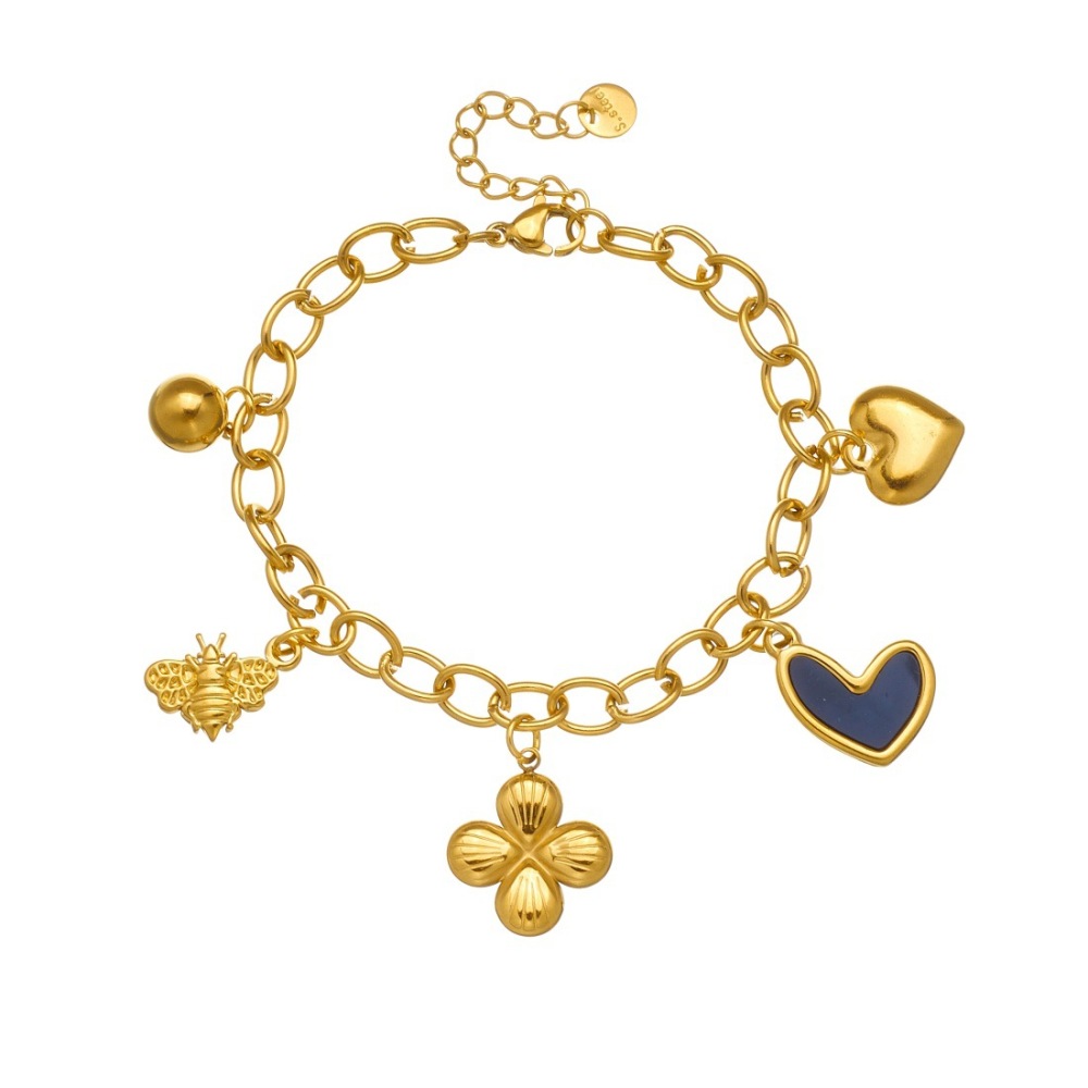 Korean style, fashionable and simple, gold-plated black dripping heart and flower pendant, stainless steel chain, versatile jewelry bracelet.