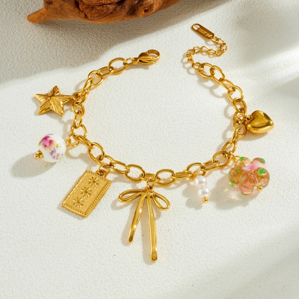 Niche fashion, fresh and rustic style, multi-pendant gold-plated chain, bow, star, ceramic beaded pendant bracelet