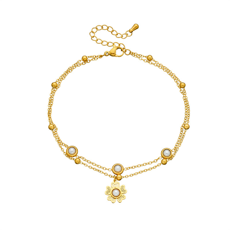 European and American style retro-style pearl flower pendant double-layer chain gold-plated stainless steel anklet
