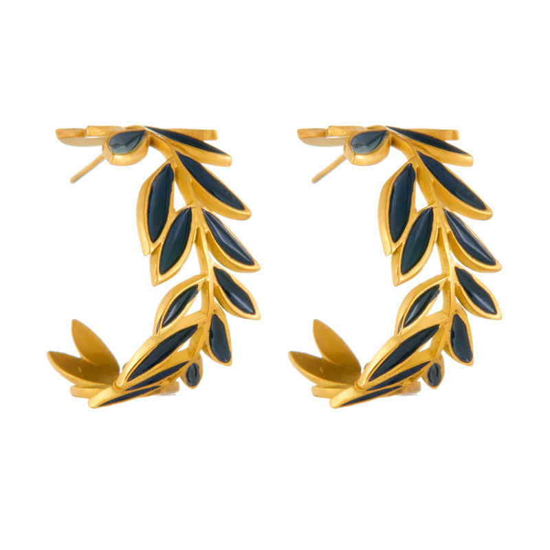 European and American style stainless steel jewelry, black dripping leaf-shaped earrings, high-end accessories.