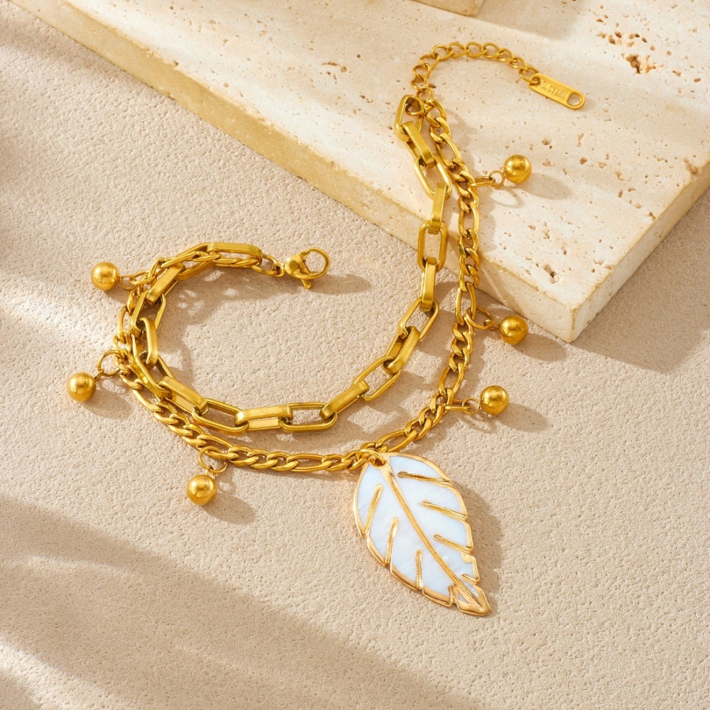 Cross-border fashion vintage layered metal double-layer stainless steel chain gold bead drip oil leaf pendant accessory bracelet