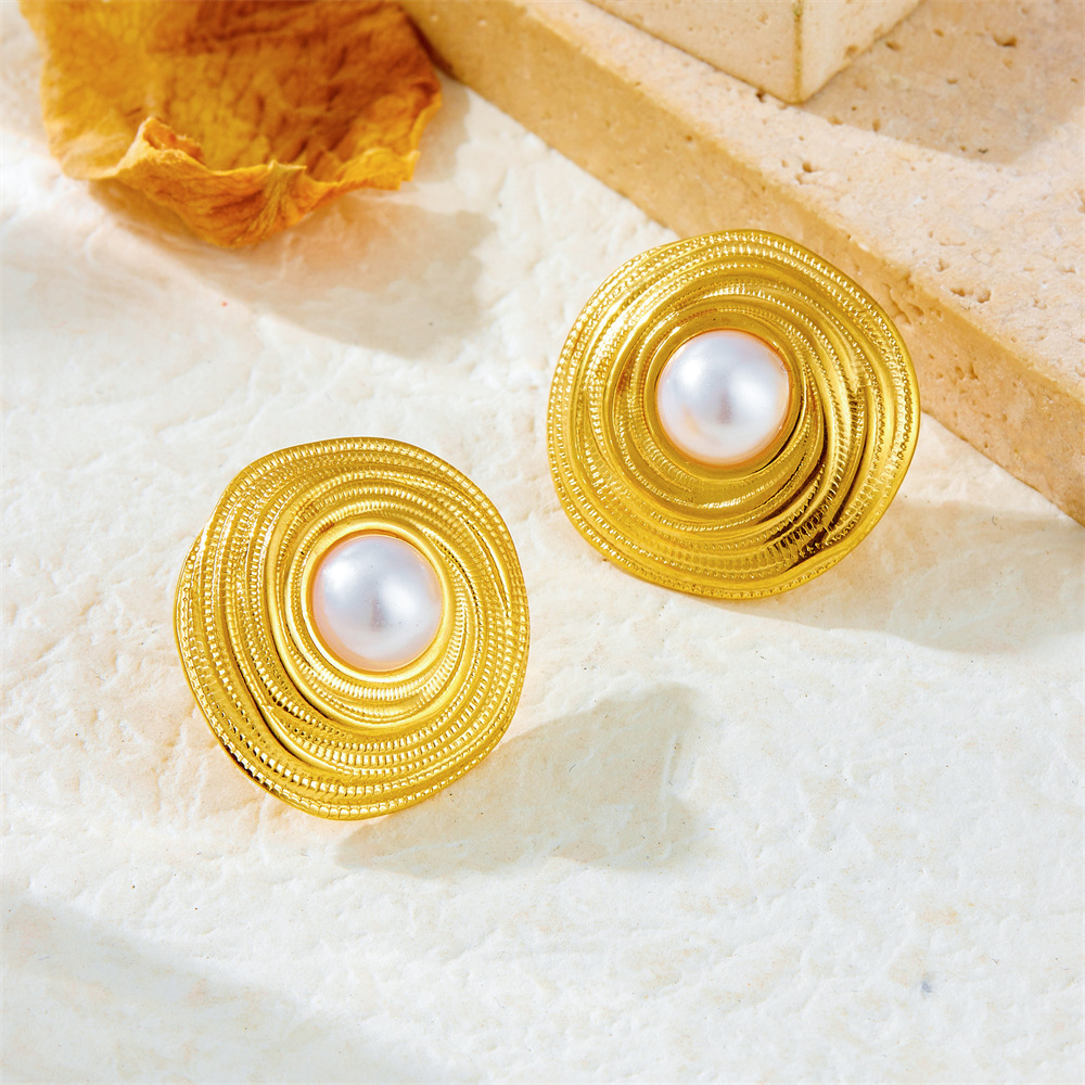 Fashionable French vintage style gold wire wrapped circle 18K pearl plated stainless steel necklace, earrings and ring set