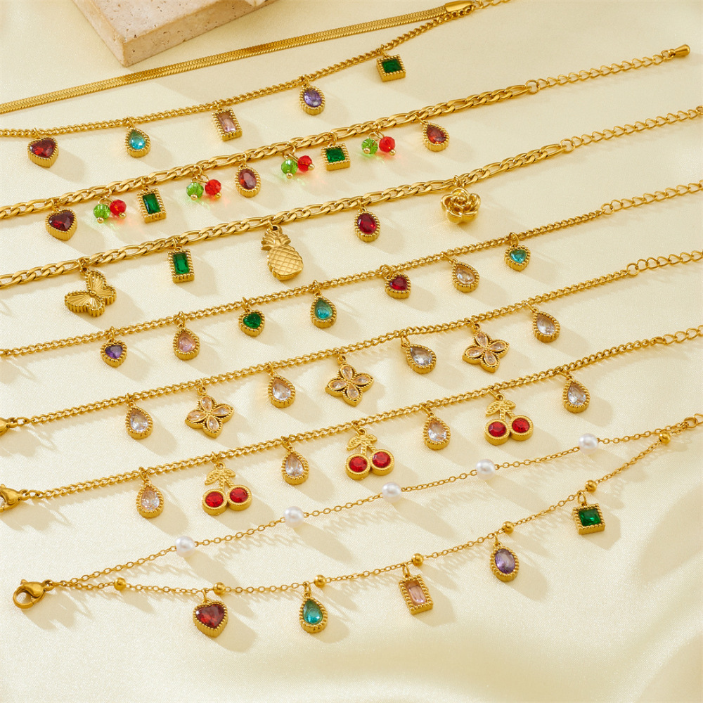 New cross-border minimalist and exquisite thin chain stainless steel bracelet with dripping lip, fruit, flower, and rhinestone accessories.