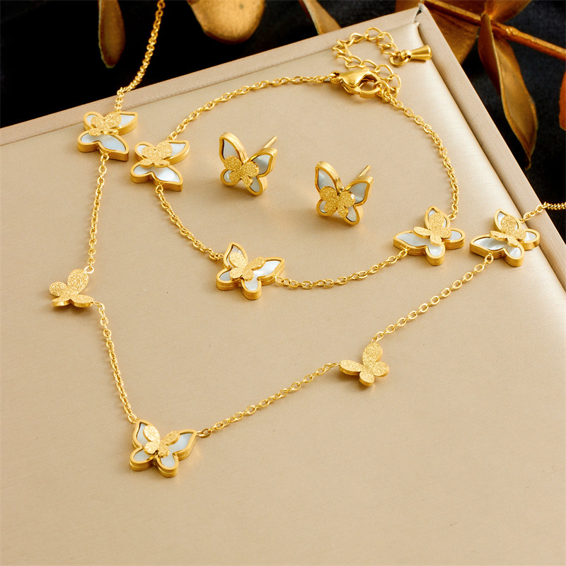 Korean style fashionable sweet and cute oil-pink bow flower cherry butterfly accessory stainless steel jewelry set