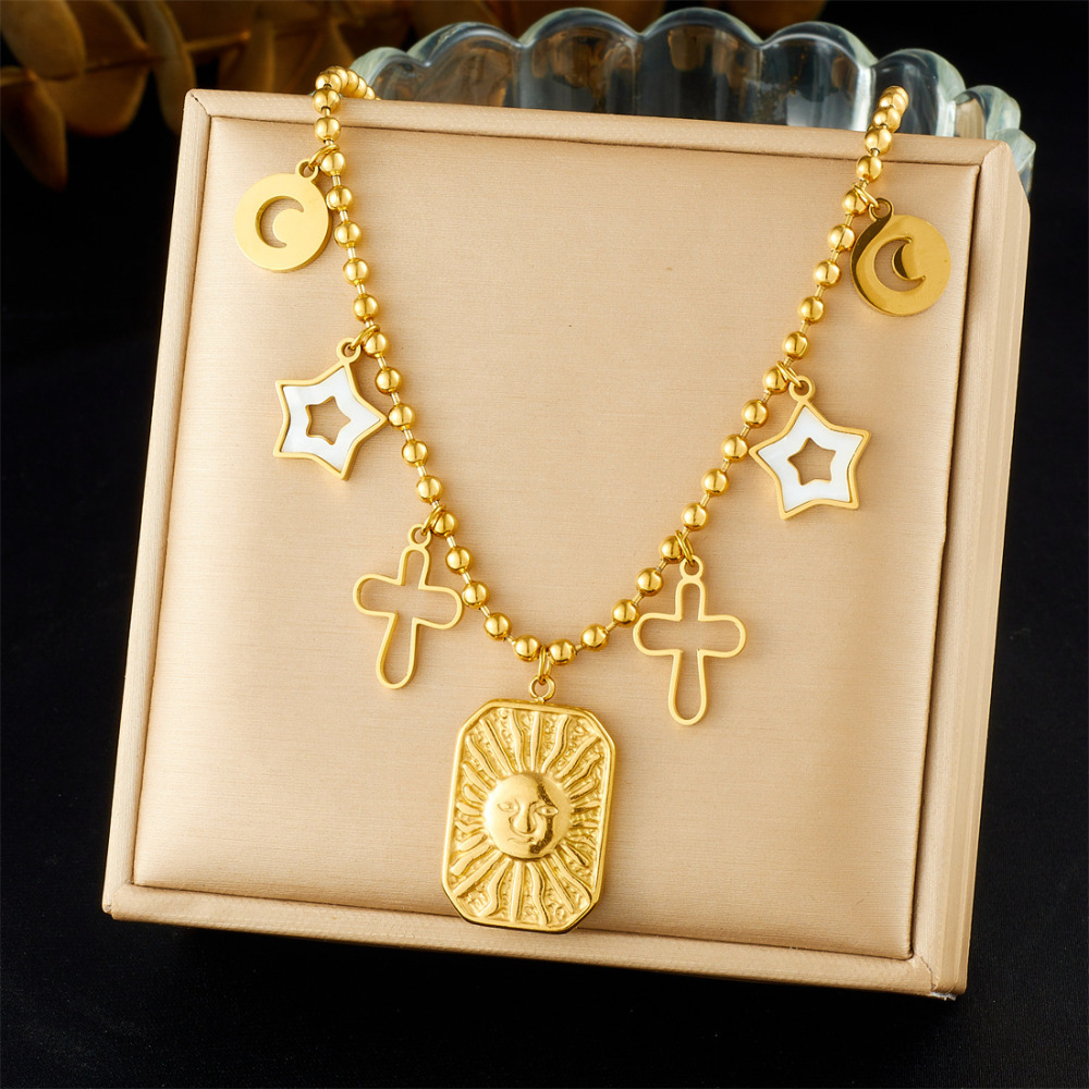 Fashionable, luxurious, retro-style gold-plated pendant with embossed sun, hollowed-out stars, moon, and cross design, beaded necklace.