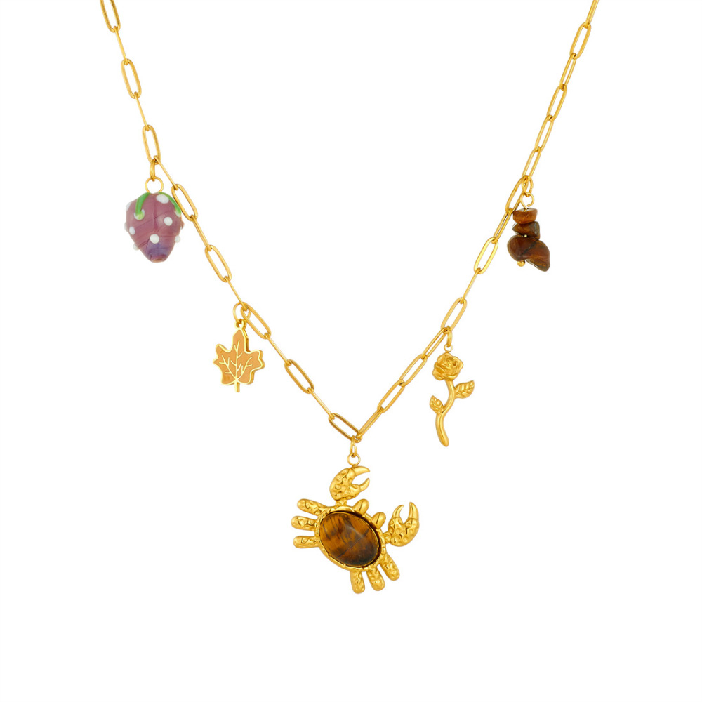 European and American style stainless steel tiger eye stone crab grape vacation style cartoon sea maple leaf rose pendant DIY necklace