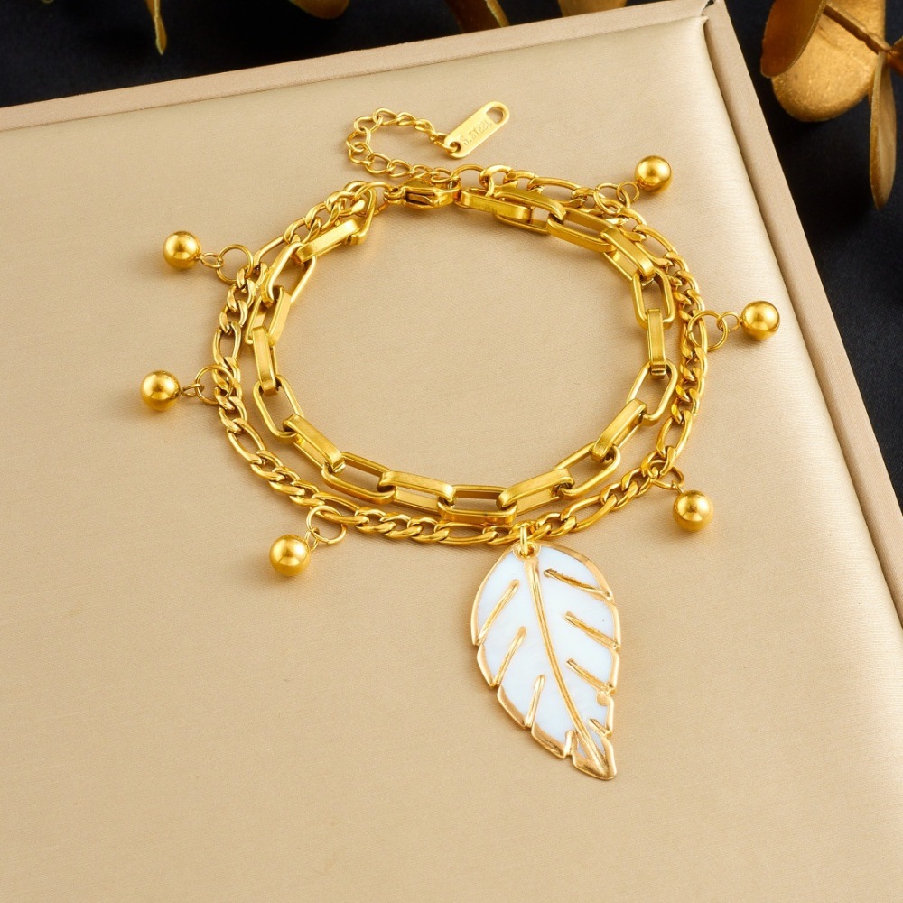 Cross-border fashion vintage layered metal double-layer stainless steel chain gold bead drip oil leaf pendant accessory bracelet