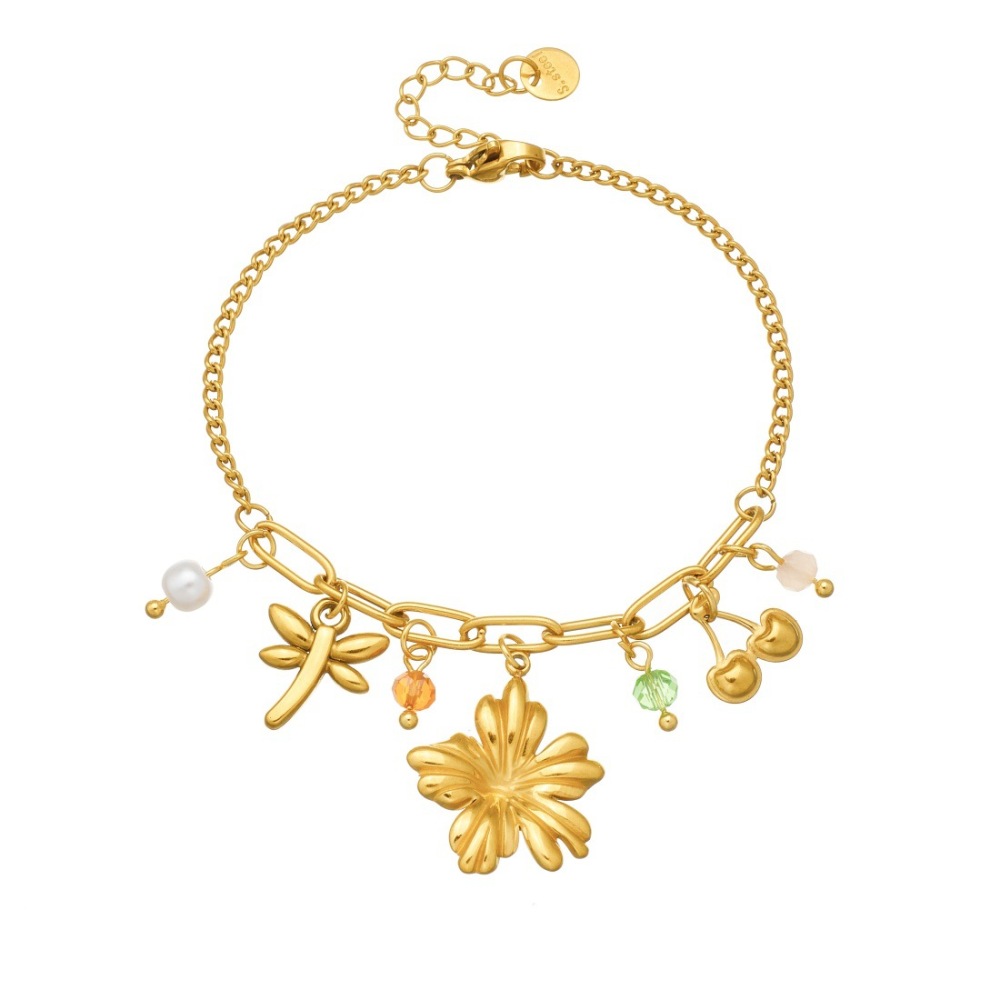 New fashionable pastoral style multi-element gold-plated cherry blossom dragonfly pendant pearl chain stainless steel bracelet for women
