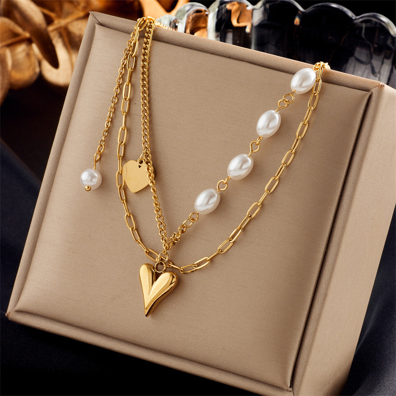 Cross-border fashion minimalist design retro stainless steel multi-layer chain cross heart pearl pendant necklace for women