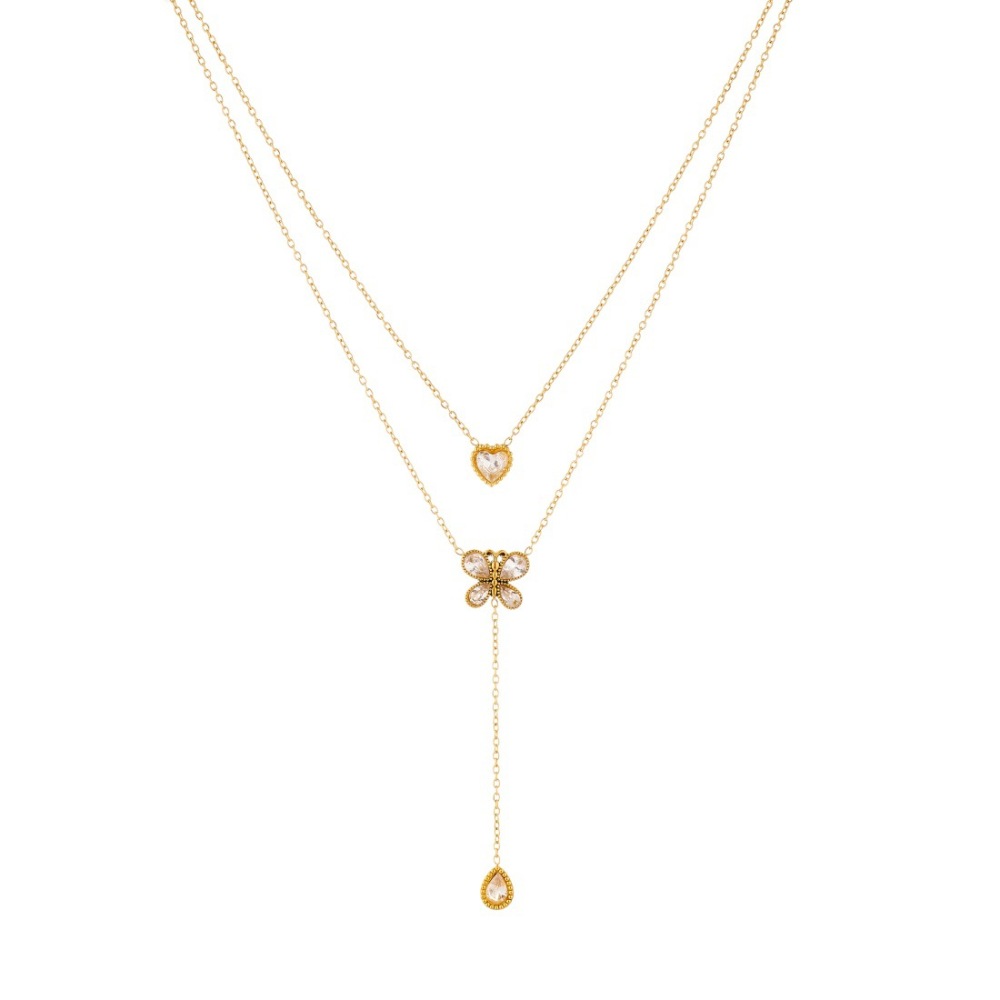 Korean style, fashionable, simple, versatile, diamond-encrusted heart-shaped butterfly pendant, stackable stainless steel gold-plated jewelry necklace