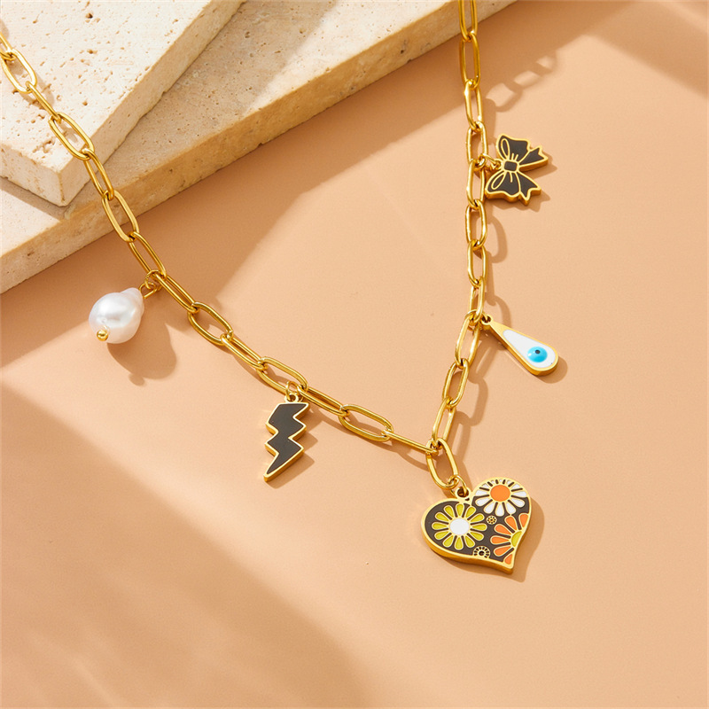 Cross-border fashion, versatile, trendy, cool painted drip heart daisy lightning bow pendant chain stainless steel necklace